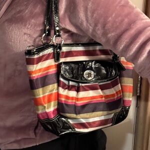 Coach striped cloth and patent leather shoulder bag